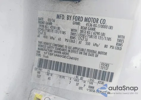 2016 Ford F-350 Xl из США, поврежденный, VIN 1FTBF3A60GEC34101